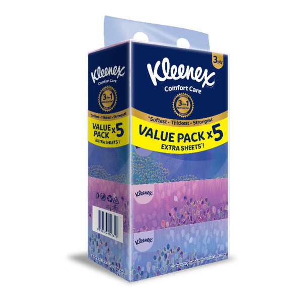 Kleenex Family Box Facial Tissue Natural Gentle Clean 3Ply 90sheets x 5