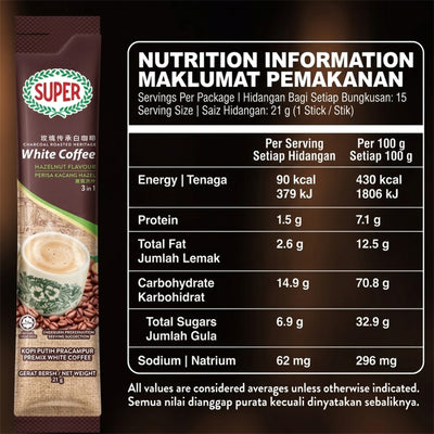 Super Charcoal Roasted Hazelnut Instant 3 in 1 White Coffee 21g x 15