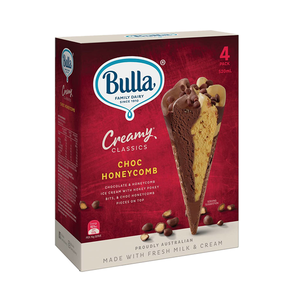 Bulla Creamy Classic Chocolate Honeycomb Cone Ice Creams 4pcs/pack