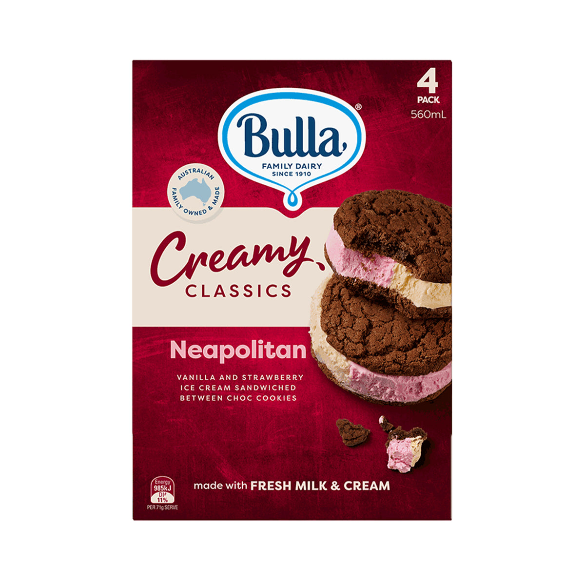 Bulla Creamy Classic Neopolitans Ice Cream Sandwich 4pack