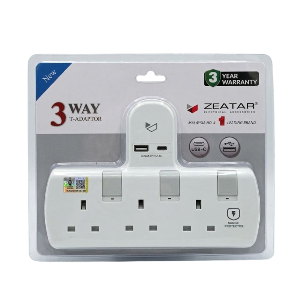Zeatar T-Adaptor with USB 2.4A + Type C Surge Protector 1unit